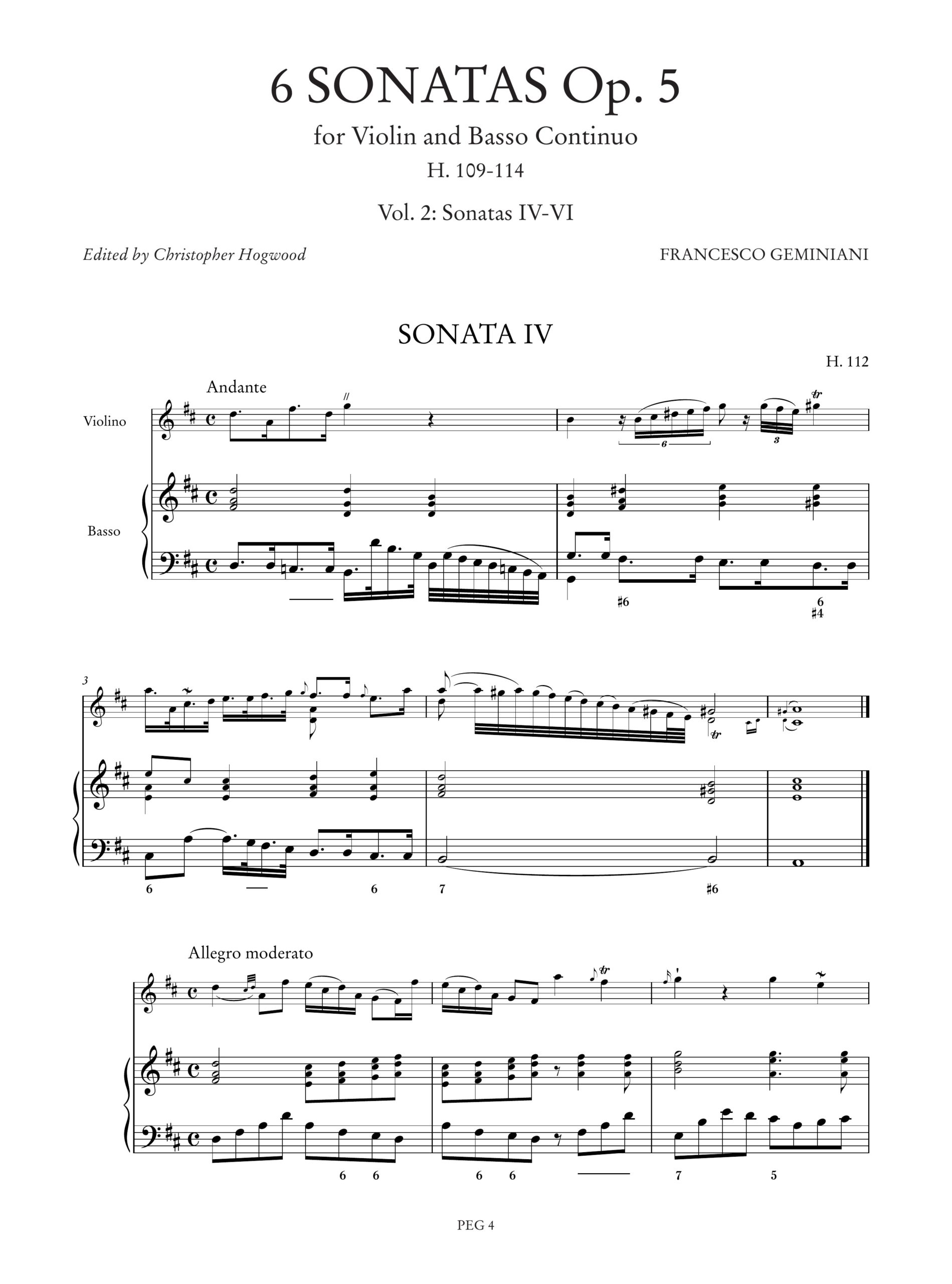 Geminiani, Francesco: 6 Sonate Op. 5 (H. 109-114) per Violino e Basso Continuo - Vol. 2: Sonate IV-VI - Image 2