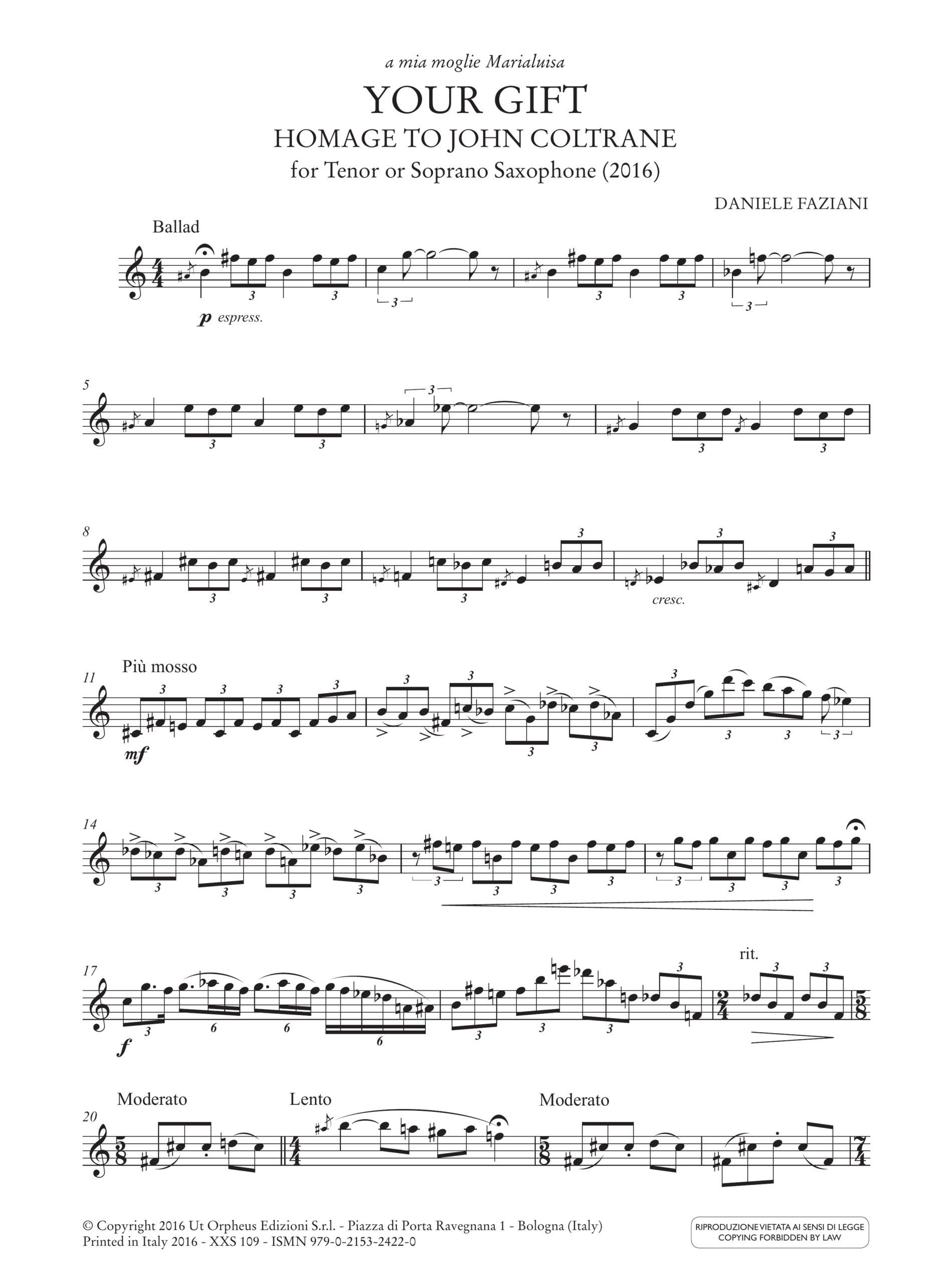 Faziani, Daniele: Your Gift. Homage to John Coltrane per Sassofono Tenore o Soprano (2016) - Image 2