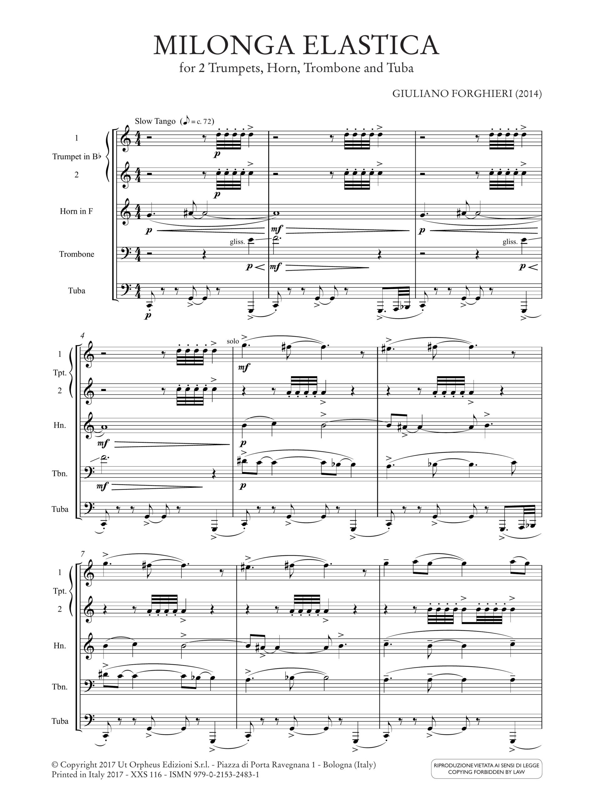 Forghieri, Giuliano: Milonga Elastica per 2 Trombe, Corno, Trombone e Tuba (2014) - Image 2
