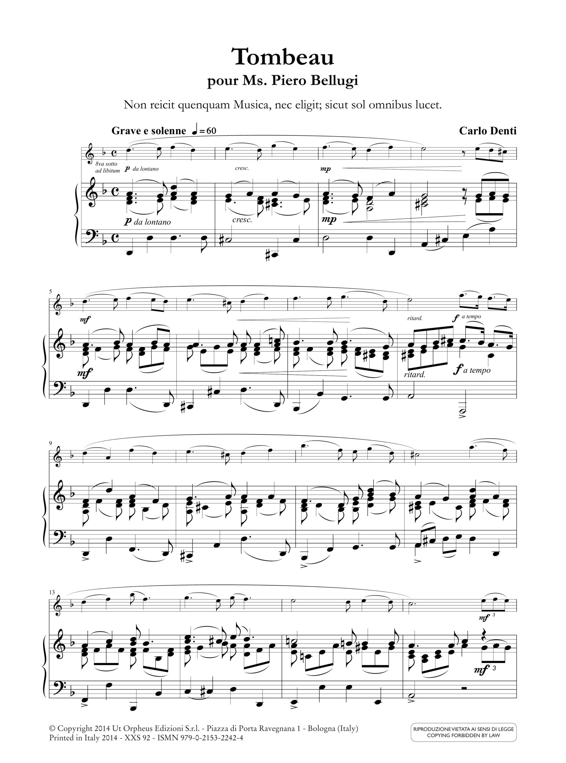 Denti, Carlo: Tombeau pour Ms. Piero Bellugi per Flauto (Violino, Viola, Violoncello) e Pianoforte (Clavicembalo) (2012) - Image 2
