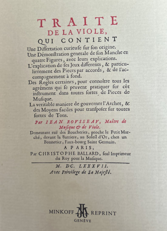 Jean Rousseau - Traite de la Viole, qui contient... Minkoff Reprint